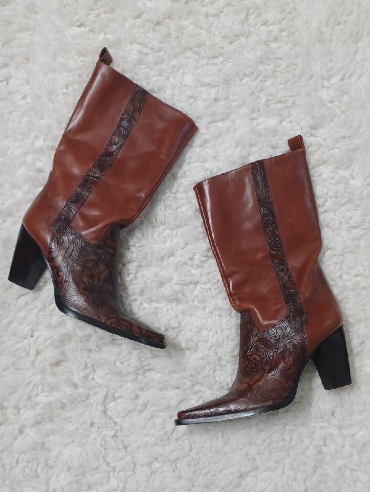 Antonio Melani Brown Leather Embossed Western Heeled Boots